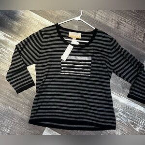 Women's Black & Gray Striped Long Sleeve Top with Sequin Pocket